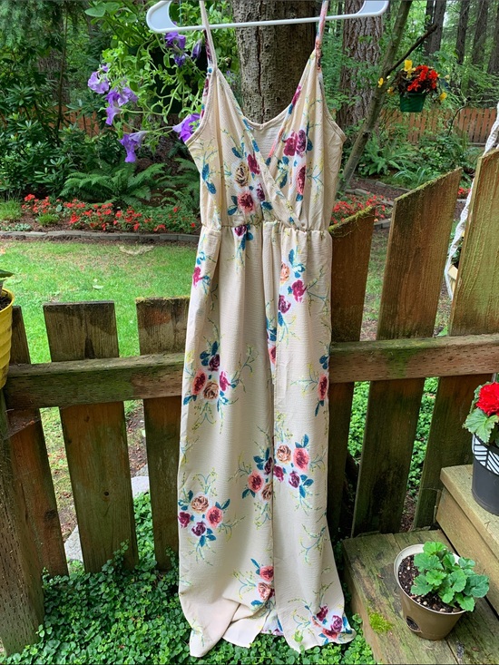 Source Unknown Dresses & Skirts - Floral Tan Maxi Dress with Spaghetti Straps and Open In Front w/Shorts